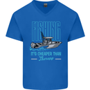 Fishing It's Cheaper Than Therapy Fisherman Mens V-Neck Cotton T-Shirt Royal Blue