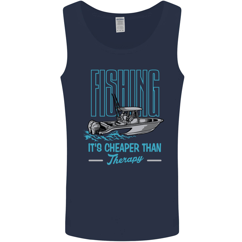 Fishing It's Cheaper Than Therapy Fisherman Mens Vest Tank Top Navy Blue