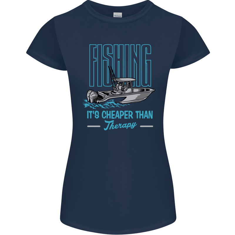 Fishing It's Cheaper Than Therapy Fisherman Womens Petite Cut T-Shirt Navy Blue