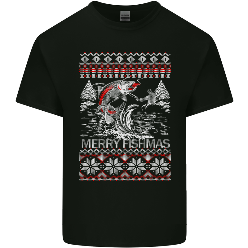 Fishing Merry Fishmas Funny Fisherman Xmas Mens Cotton T-Shirt Tee Top Black