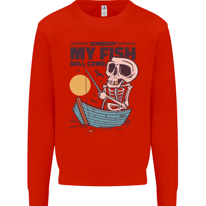 Fishing My Fish Will Come Funny Fisherman Kids Sweatshirt Jumper Bright Red