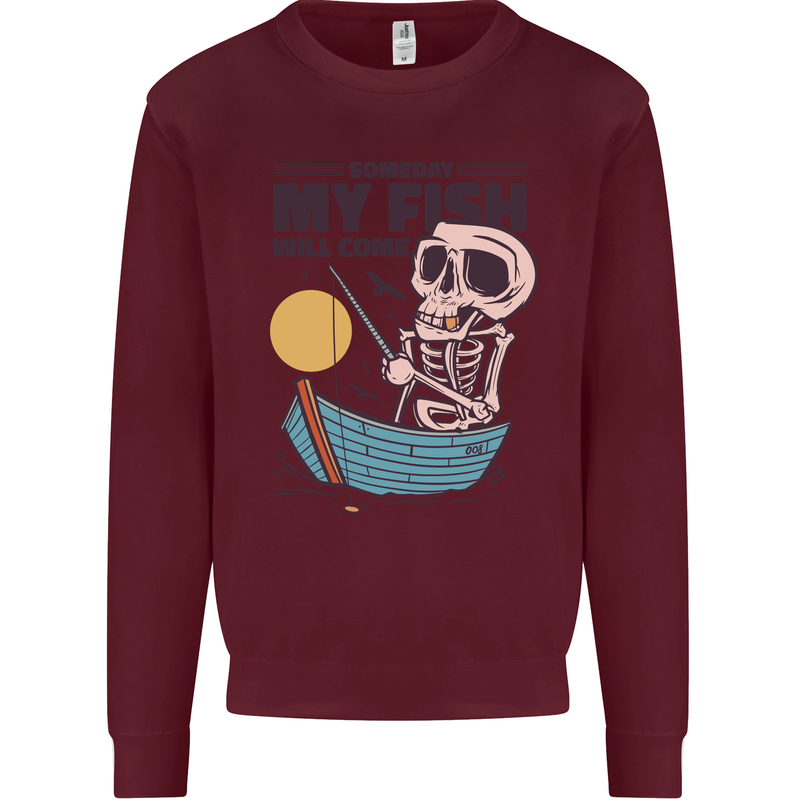 Fishing My Fish Will Come Funny Fisherman Kids Sweatshirt Jumper Maroon
