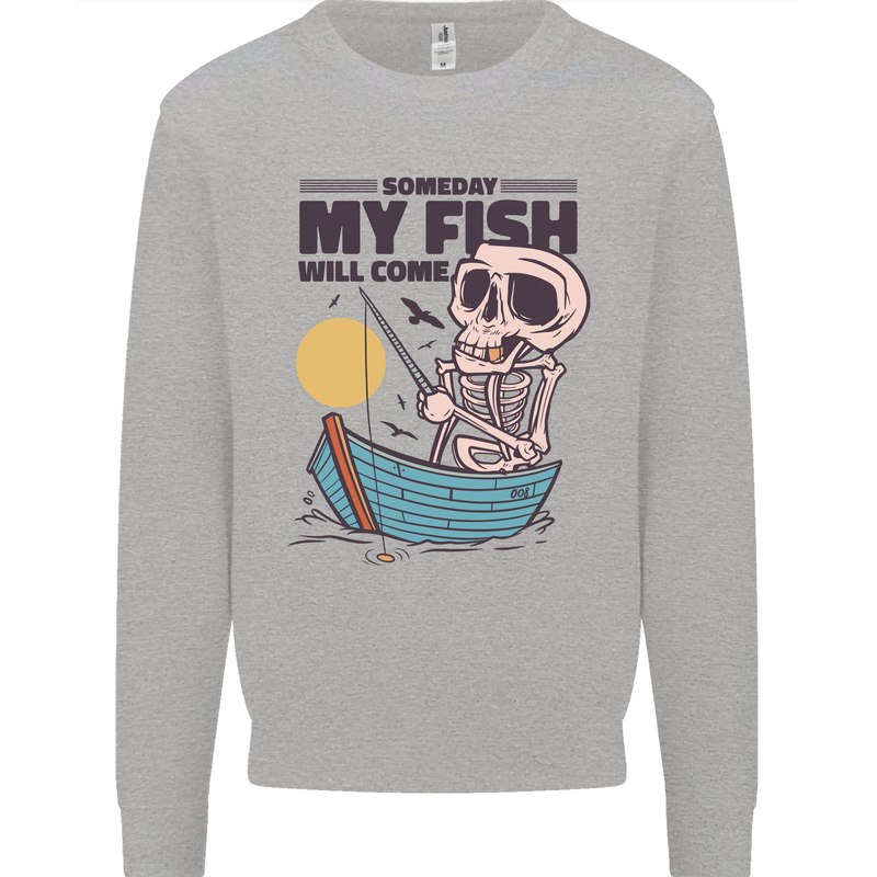 Fishing My Fish Will Come Funny Fisherman Kids Sweatshirt Jumper Sports Grey