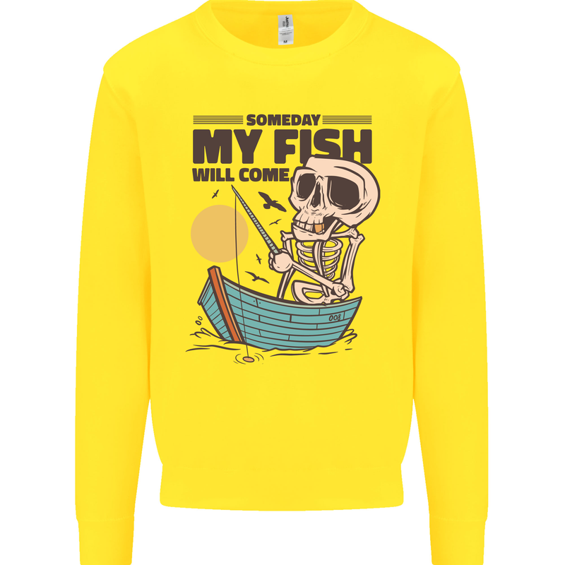 Fishing My Fish Will Come Funny Fisherman Kids Sweatshirt Jumper Yellow