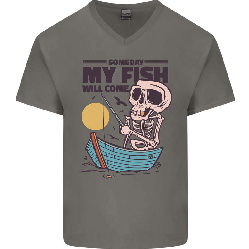 Fishing My Fish Will Come Funny Fisherman Mens V-Neck Cotton T-Shirt Charcoal