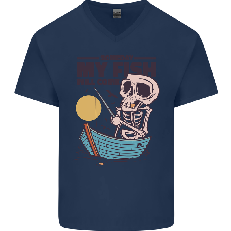 Fishing My Fish Will Come Funny Fisherman Mens V-Neck Cotton T-Shirt Navy Blue