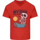 Fishing My Fish Will Come Funny Fisherman Mens V-Neck Cotton T-Shirt Red