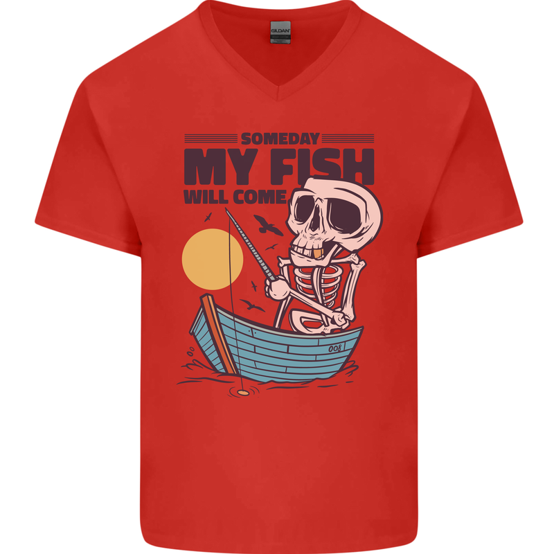 Fishing My Fish Will Come Funny Fisherman Mens V-Neck Cotton T-Shirt Red