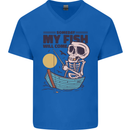 Fishing My Fish Will Come Funny Fisherman Mens V-Neck Cotton T-Shirt Royal Blue