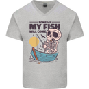 Fishing My Fish Will Come Funny Fisherman Mens V-Neck Cotton T-Shirt Sports Grey