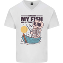 Fishing My Fish Will Come Funny Fisherman Mens V-Neck Cotton T-Shirt White