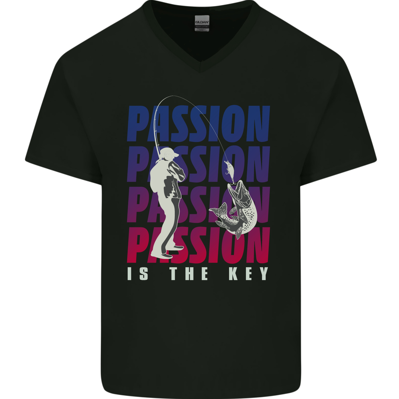 Fishing Passion Is the Key Fisherman Mens V-Neck Cotton T-Shirt Black