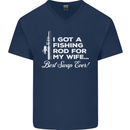 Fishing Rod for My Wife Funny Fisherman Mens V-Neck Cotton T-Shirt Navy Blue