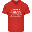 Fishing Rod for My Wife Funny Fisherman Mens V-Neck Cotton T-Shirt Red