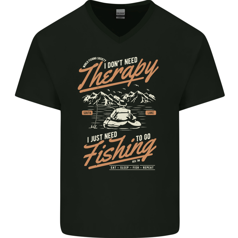 Fishing Therapy Funny Fisherman Mens V-Neck Cotton T-Shirt Black