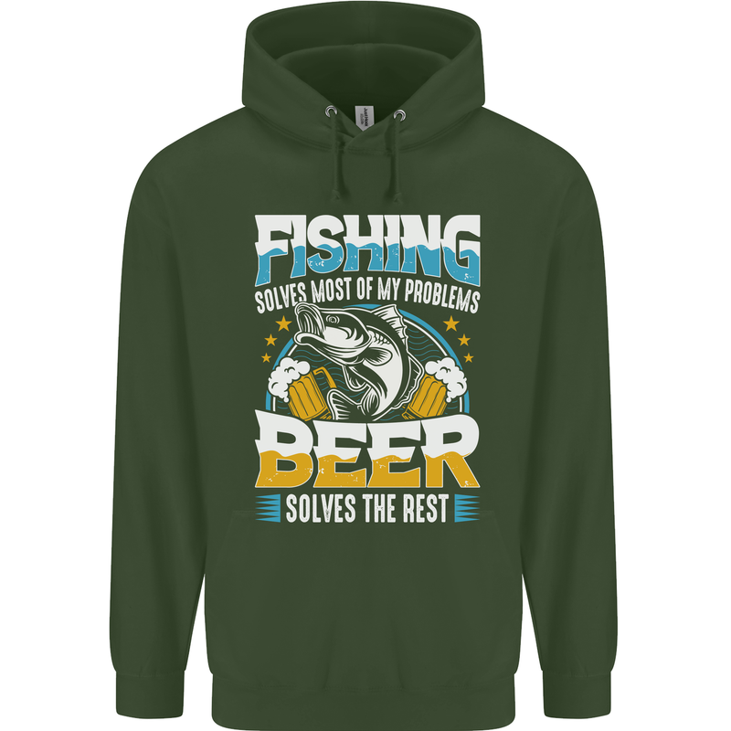 Fishing & Beer Funny Fisherman Alcohol Mens 80% Cotton Hoodie Forest Green