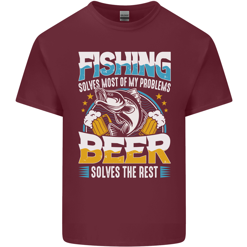 Fishing & Beer Funny Fisherman Alcohol Mens Cotton T-Shirt Tee Top Maroon