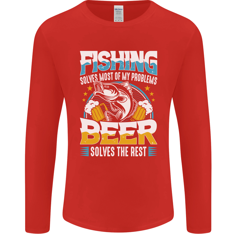 Fishing & Beer Funny Fisherman Alcohol Mens Long Sleeve T-Shirt Red