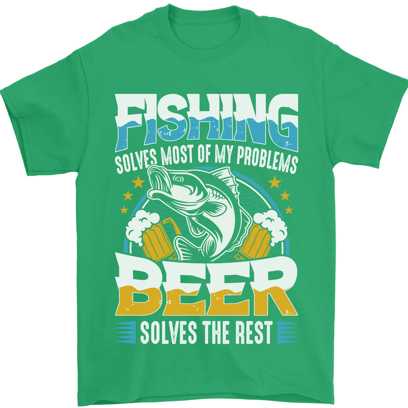 Fishing & Beer Funny Fisherman Alcohol Mens T-Shirt Cotton Gildan Irish Green