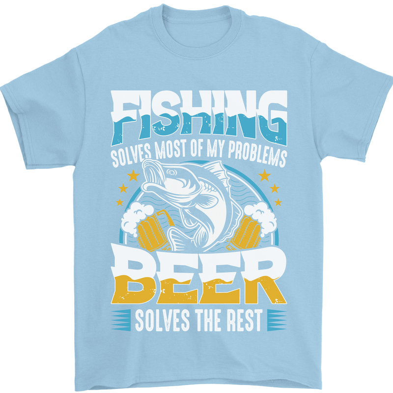 Fishing & Beer Funny Fisherman Alcohol Mens T-Shirt Cotton Gildan Light Blue