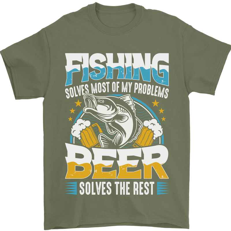 Fishing & Beer Funny Fisherman Alcohol Mens T-Shirt Cotton Gildan Military Green