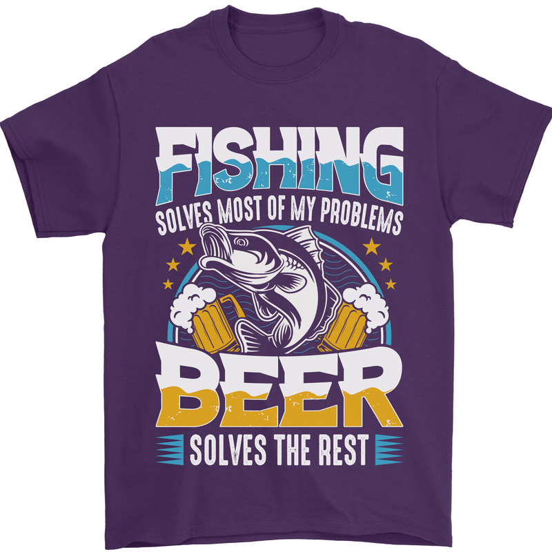 Fishing & Beer Funny Fisherman Alcohol Mens T-Shirt Cotton Gildan Purple