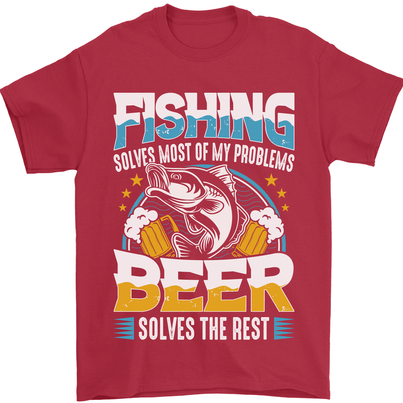 Fishing & Beer Funny Fisherman Alcohol Mens T-Shirt Cotton Gildan Red