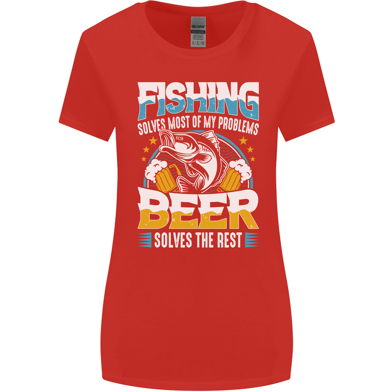 Fishing & Beer Funny Fisherman Alcohol Womens Wider Cut T-Shirt Red