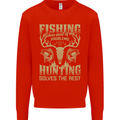 Fishing & Hunting Fisherman Hunter Funny Kids Sweatshirt Jumper Bright Red