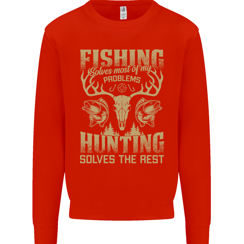 Fishing & Hunting Fisherman Hunter Funny Kids Sweatshirt Jumper Bright Red