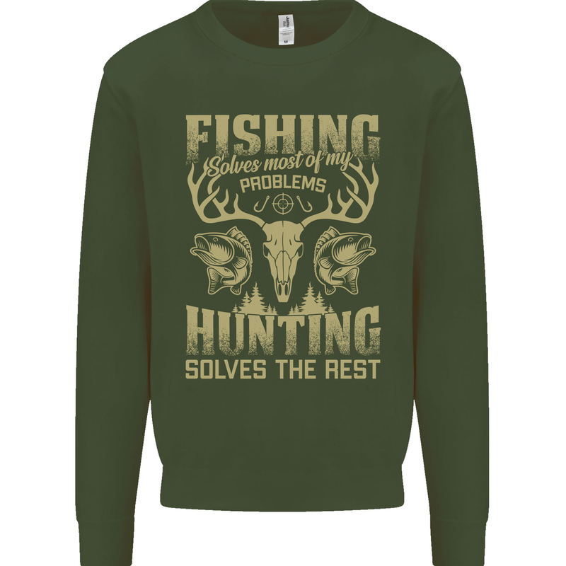 Fishing & Hunting Fisherman Hunter Funny Kids Sweatshirt Jumper Forest Green