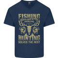 Fishing & Hunting Fisherman Hunter Funny Mens V-Neck Cotton T-Shirt Navy Blue