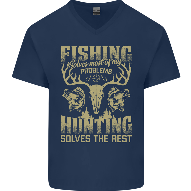Fishing & Hunting Fisherman Hunter Funny Mens V-Neck Cotton T-Shirt Navy Blue