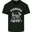 Fishing the Way to My Heart Funny Fisherman Mens V-Neck Cotton T-Shirt Black