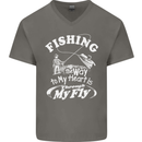 Fishing the Way to My Heart Funny Fisherman Mens V-Neck Cotton T-Shirt Charcoal