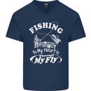 Fishing the Way to My Heart Funny Fisherman Mens V-Neck Cotton T-Shirt Navy Blue