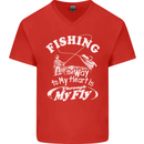 Fishing the Way to My Heart Funny Fisherman Mens V-Neck Cotton T-Shirt Red