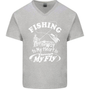 Fishing the Way to My Heart Funny Fisherman Mens V-Neck Cotton T-Shirt Sports Grey
