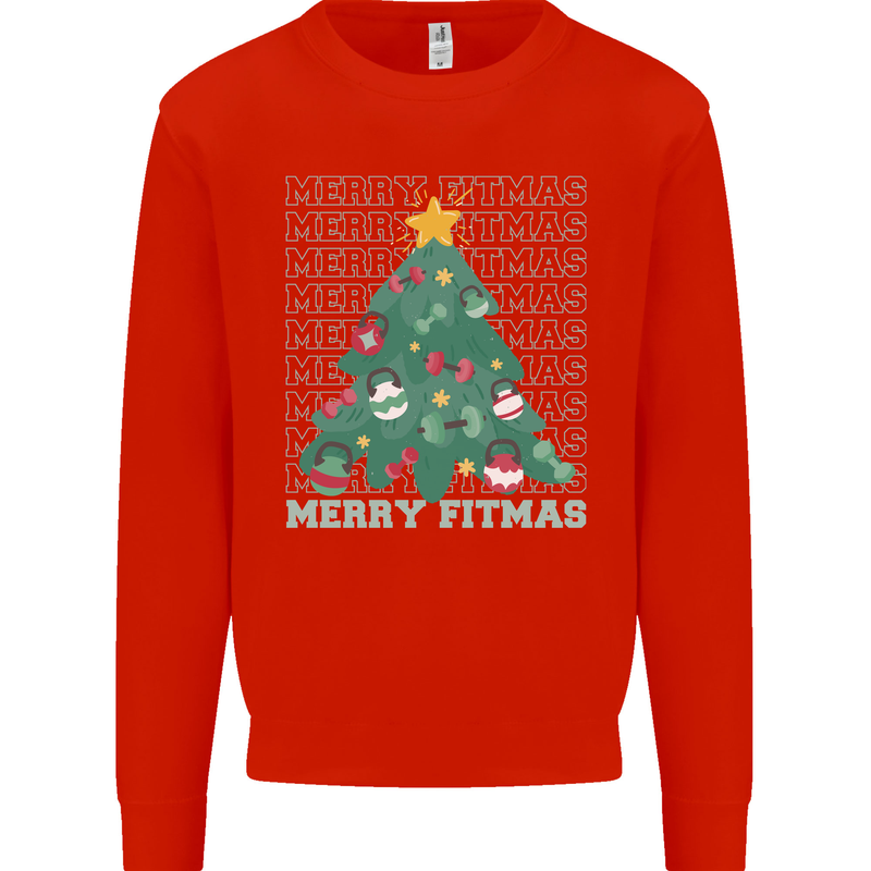 Fitness Merry Fitmas Christmas Tree Gym Kids Sweatshirt Jumper Bright Red