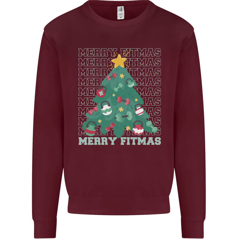 Fitness Merry Fitmas Christmas Tree Gym Kids Sweatshirt Jumper Maroon