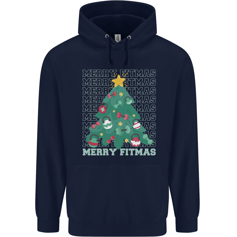 Fitness Merry Fitmas Christmas Tree Gym Mens 80% Cotton Hoodie Navy Blue