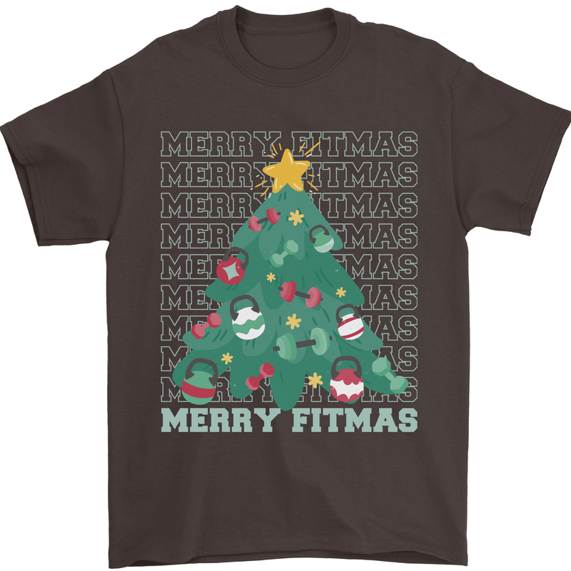 Fitness Merry Fitmas Christmas Tree Gym Mens T-Shirt Cotton Gildan Dark Chocolate