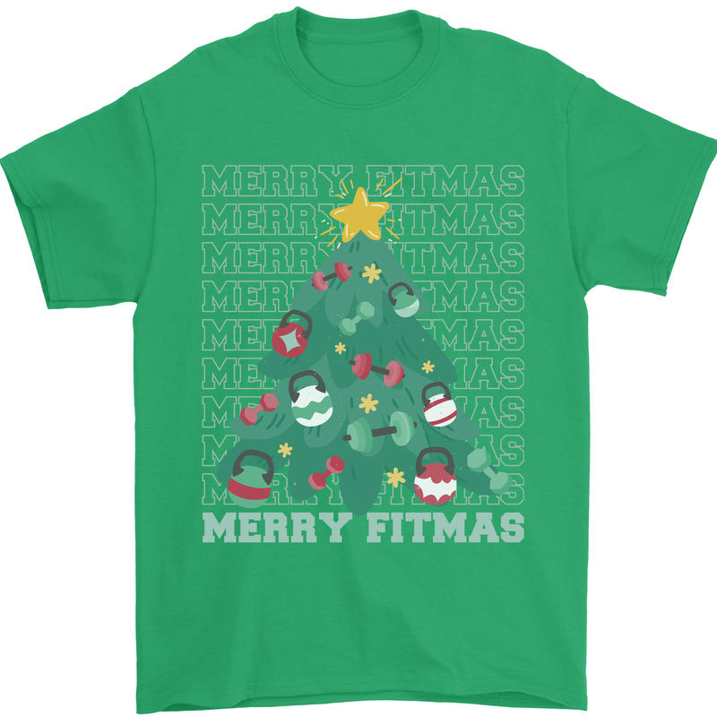 Fitness Merry Fitmas Christmas Tree Gym Mens T-Shirt Cotton Gildan Irish Green