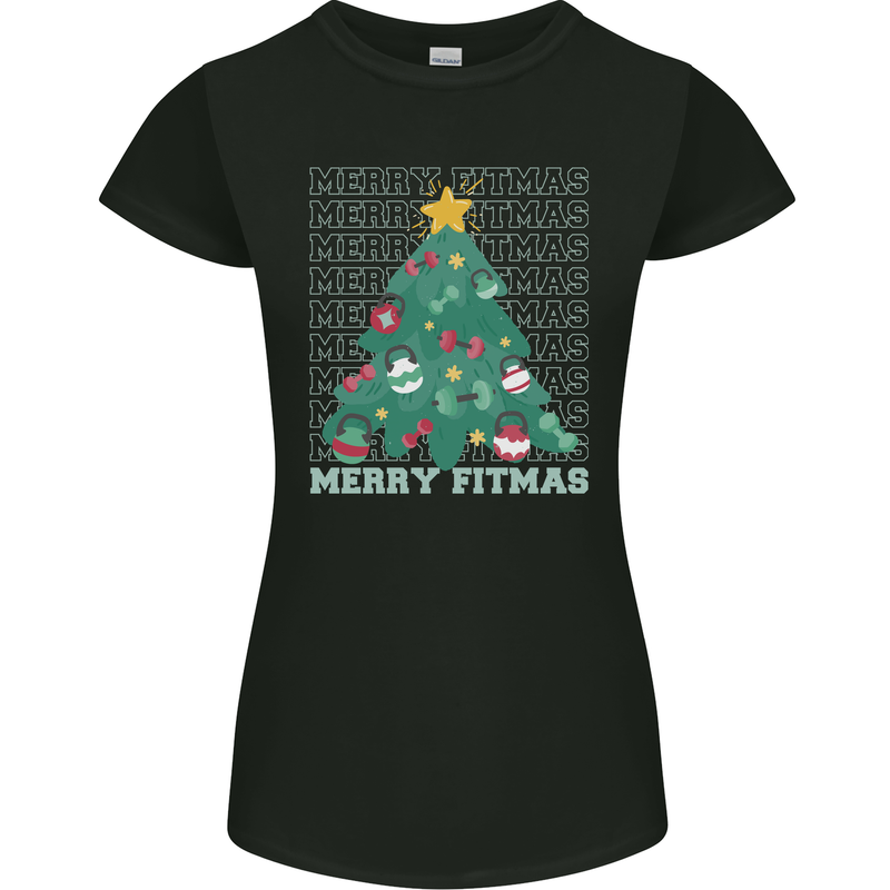Fitness Merry Fitmas Christmas Tree Gym Womens Petite Cut T-Shirt Black