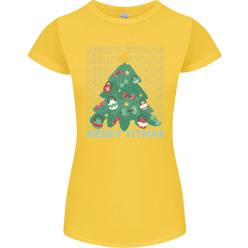 Fitness Merry Fitmas Christmas Tree Gym Womens Petite Cut T-Shirt Yellow