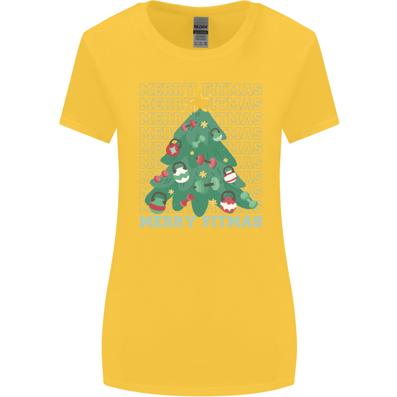 Fitness Merry Fitmas Christmas Tree Gym Womens Wider Cut T-Shirt Yellow
