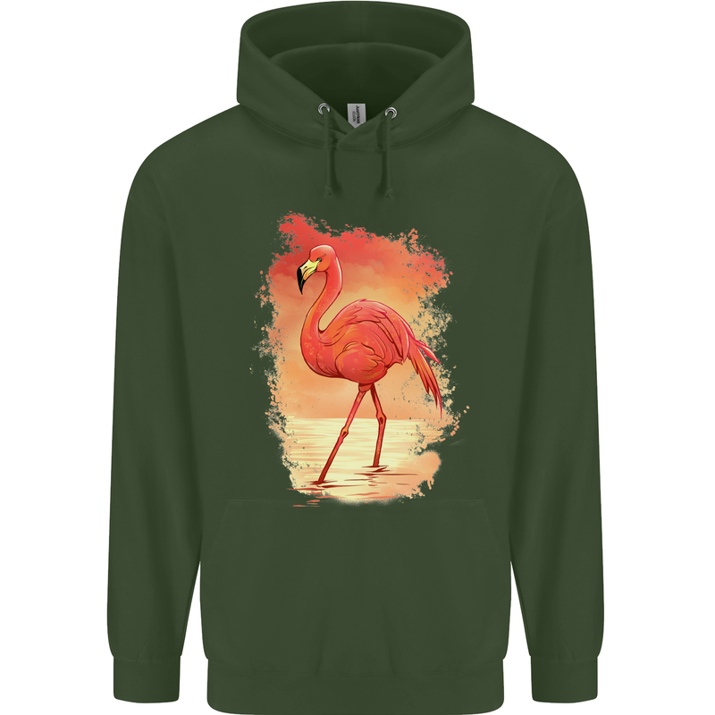 Flamingo Painting Childrens Kids Hoodie Forest Green