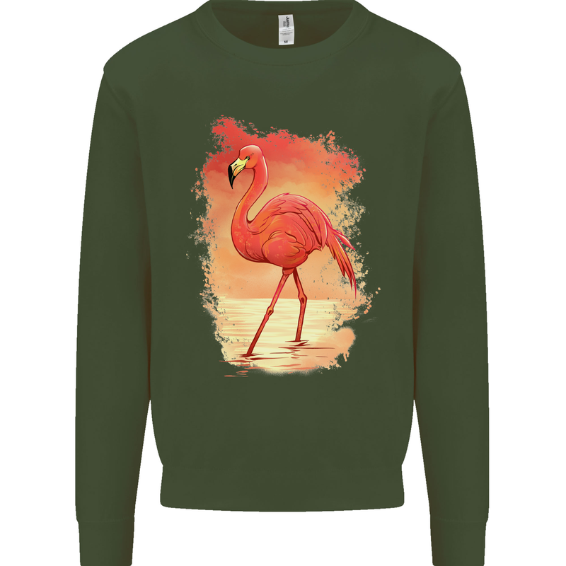 Flamingo Painting Kids Sweatshirt Jumper Forest Green