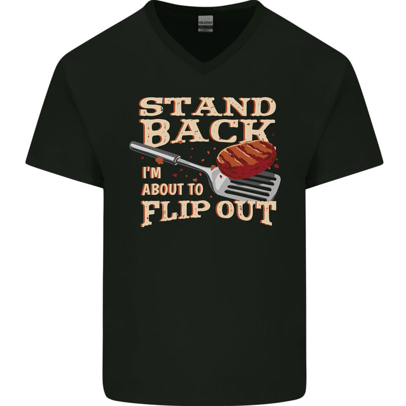 Flip Out Funny BBQ Grill Mens V-Neck Cotton T-Shirt Black