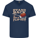 Flip Out Funny BBQ Grill Mens V-Neck Cotton T-Shirt Navy Blue